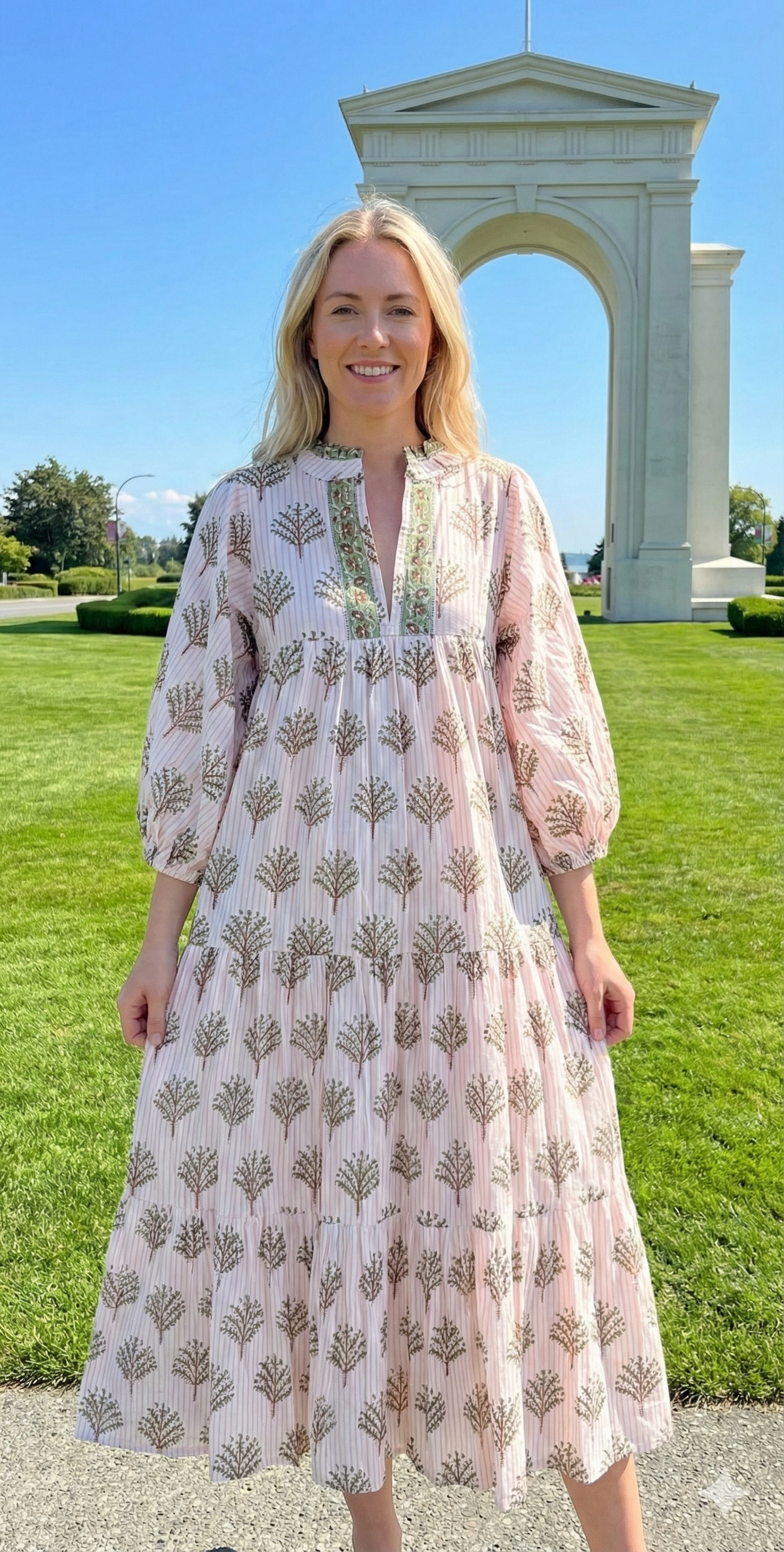 Ivory Olive Hand Block Printed Cotton Maxi Dress – Tiered Boho Women’s Dress