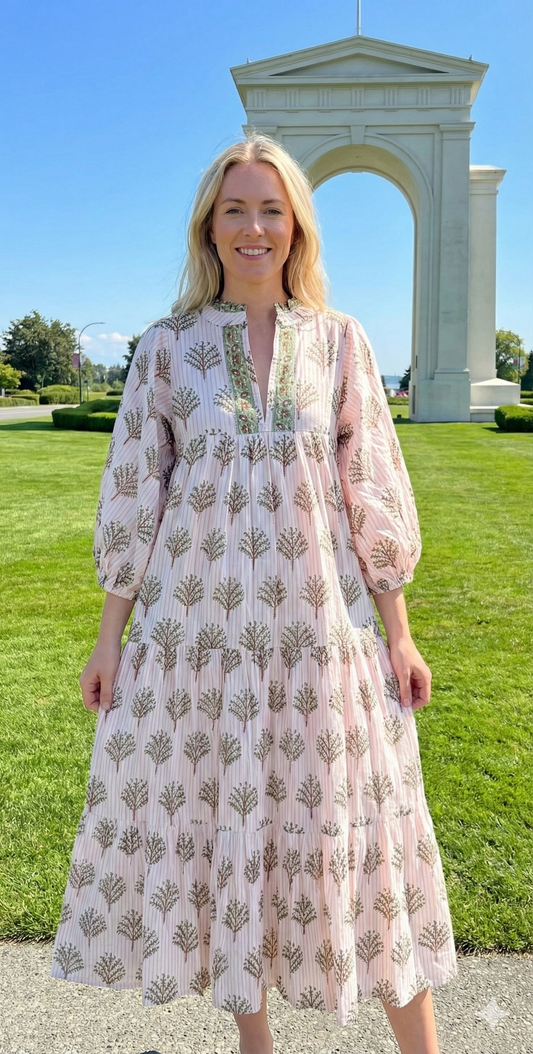 Ivory Olive Hand Block Printed Cotton Maxi Dress – Tiered Boho Women’s Dress