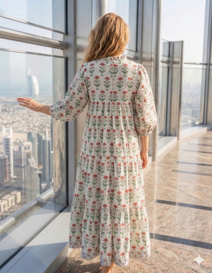 Red Floral Hand Block Print Cotton Maxi Dress – Boho Puff Sleeve Tiered Dress