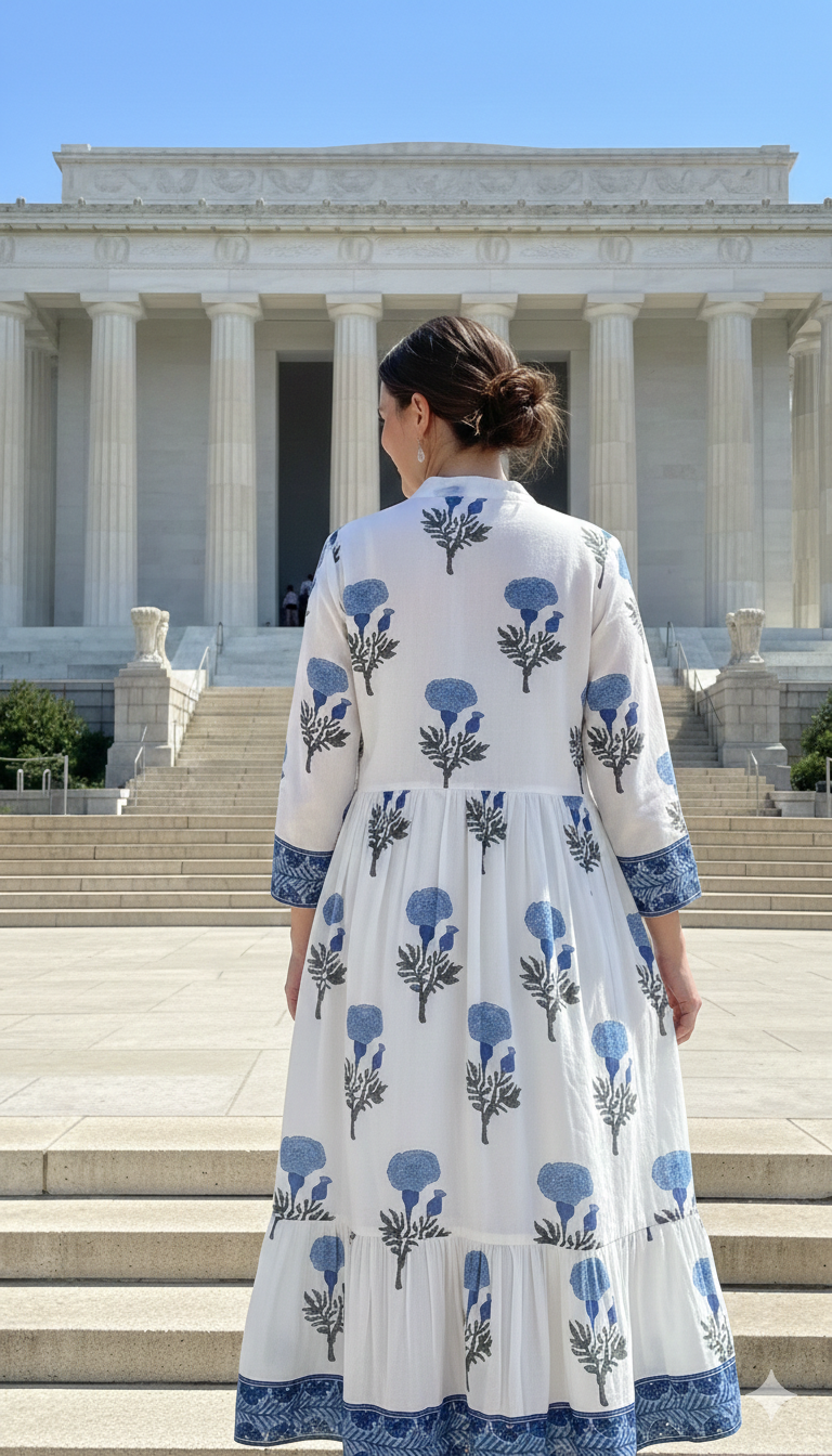 Blue Floral Cotton Maxi Dress – Long Sleeve Boho Style, Collared Neckline