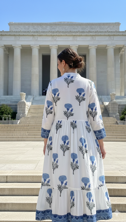 Blue Floral Cotton Maxi Dress – Long Sleeve Boho Style, Collared Neckline