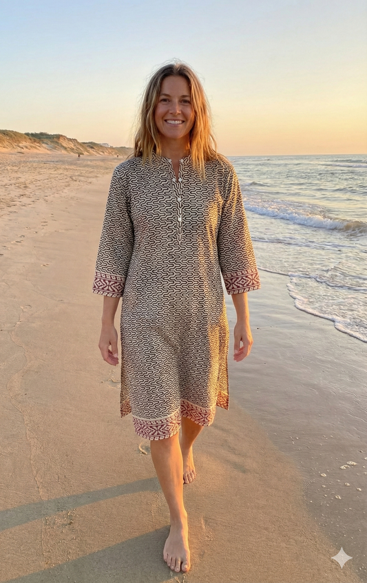 Ivory Geometric Cotton Kurta with Border – Hand Block Printed Tunic