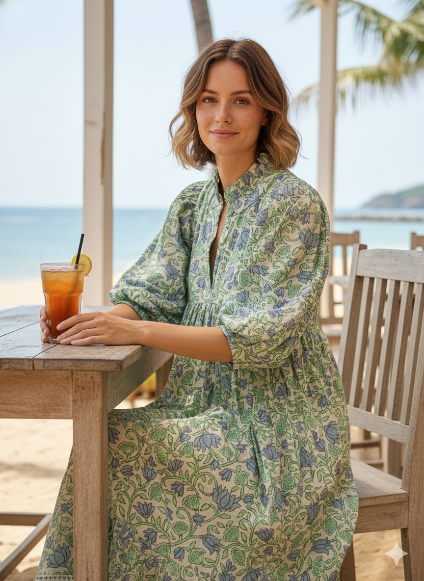 Sage Green Blue Floral Hand Block Printed Cotton Midi Dress – Puff Sleeve Boho Indian Dress