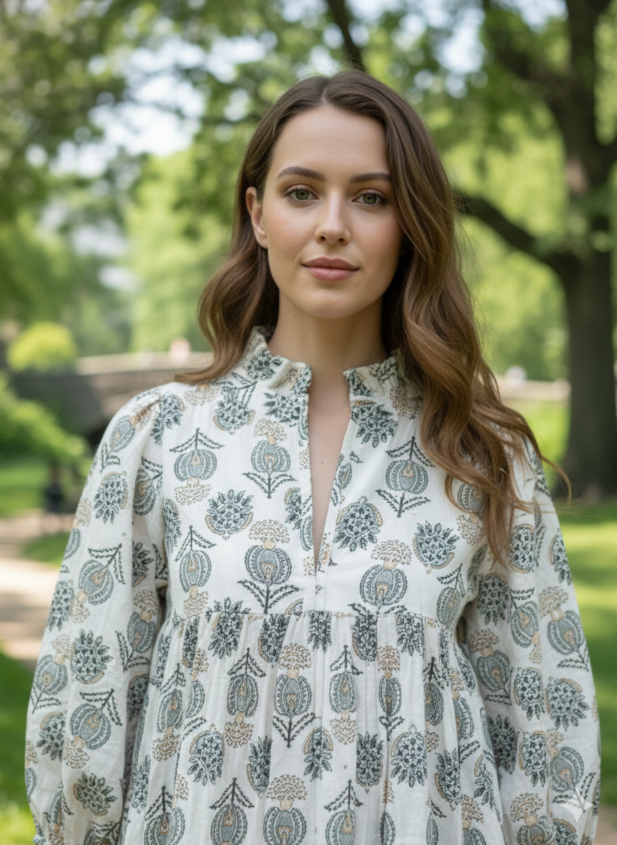 Ivory Grey Floral Hand Block Print Cotton Midi Dress – Puff Sleeve Boho Summer Dress