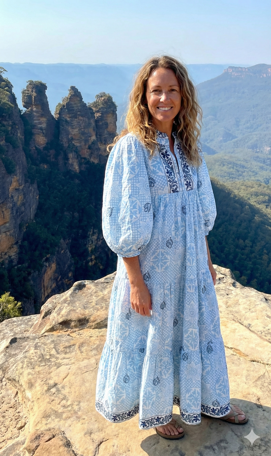 Light Blue Floral Hand Block Printed Cotton Maxi Dress – Indian Boho Tiered Long Dress