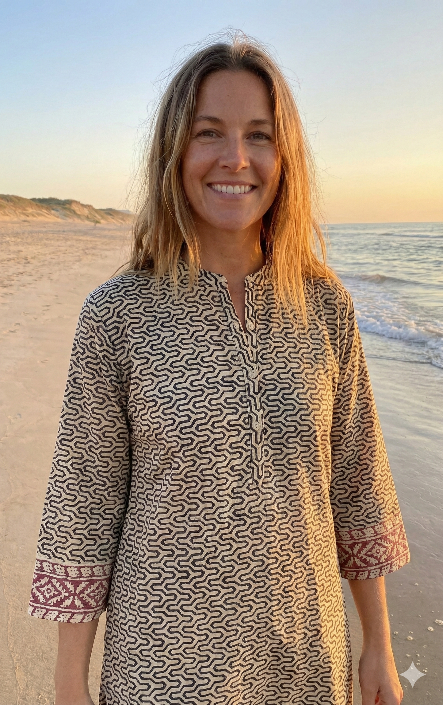 Ivory Geometric Cotton Kurta with Border – Hand Block Printed Tunic