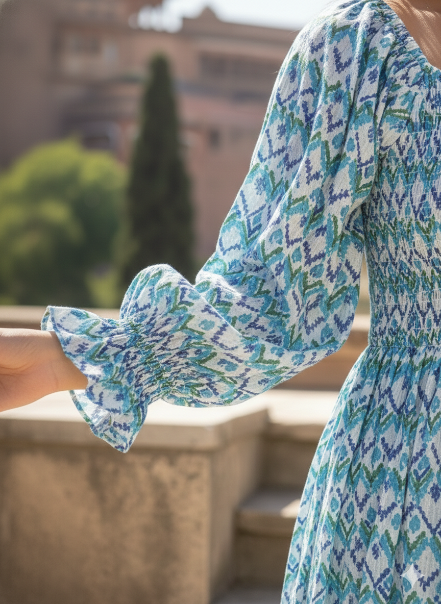 Blue Geometric Block Print Cotton Midi Dress – Square Neck Smocked Bohemian Dress