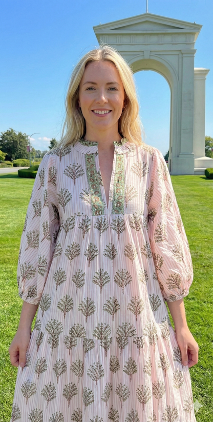 Ivory Olive Hand Block Printed Cotton Maxi Dress – Tiered Boho Women’s Dress