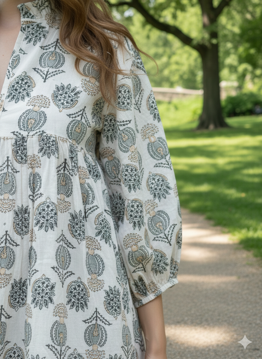 Ivory Grey Floral Hand Block Print Cotton Midi Dress – Puff Sleeve Boho Summer Dress