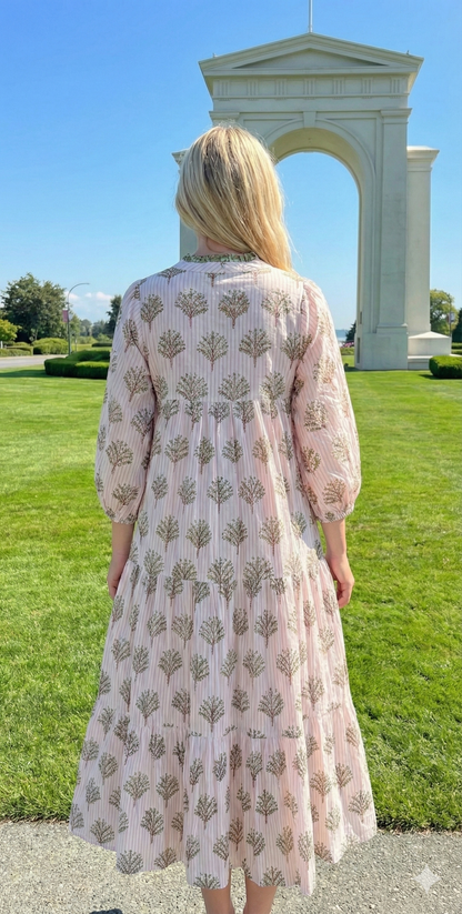 Ivory Olive Hand Block Printed Cotton Maxi Dress – Tiered Boho Women’s Dress
