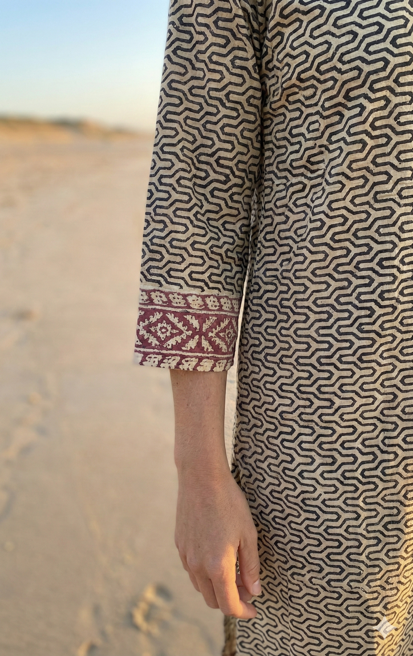 Ivory Geometric Cotton Kurta with Border – Hand Block Printed Tunic