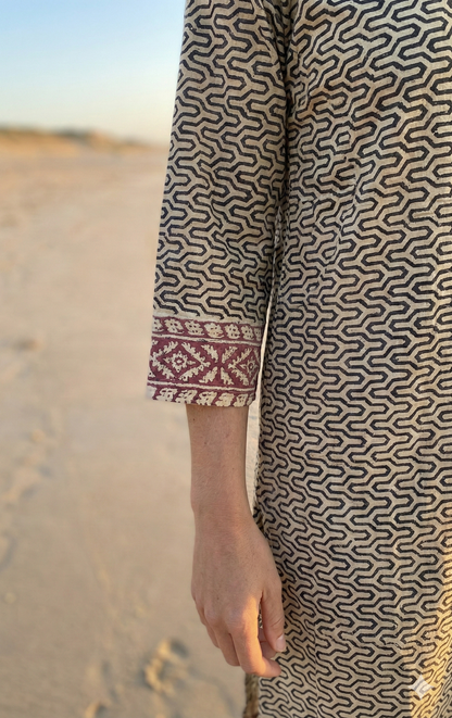 Ivory Geometric Cotton Kurta with Border – Hand Block Printed Tunic