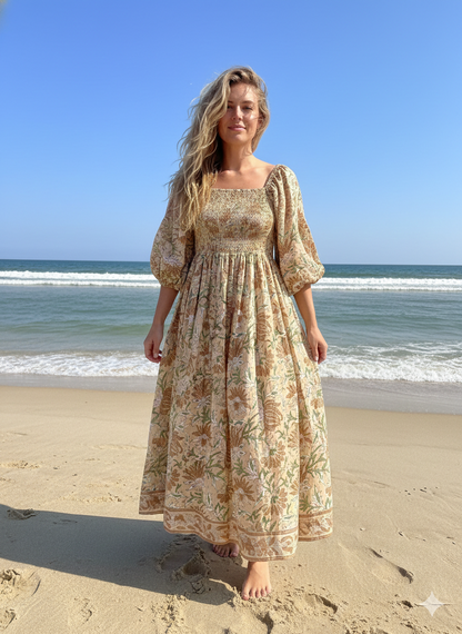 Beige Floral Hand Block Printed Cotton Midi Dress – Smocked Bodice Puff Sleeve Boho Dress