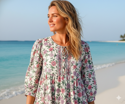 Cream Pink Floral Hand Block Printed Cotton Midi Dress – Boho Indian Summer Dress