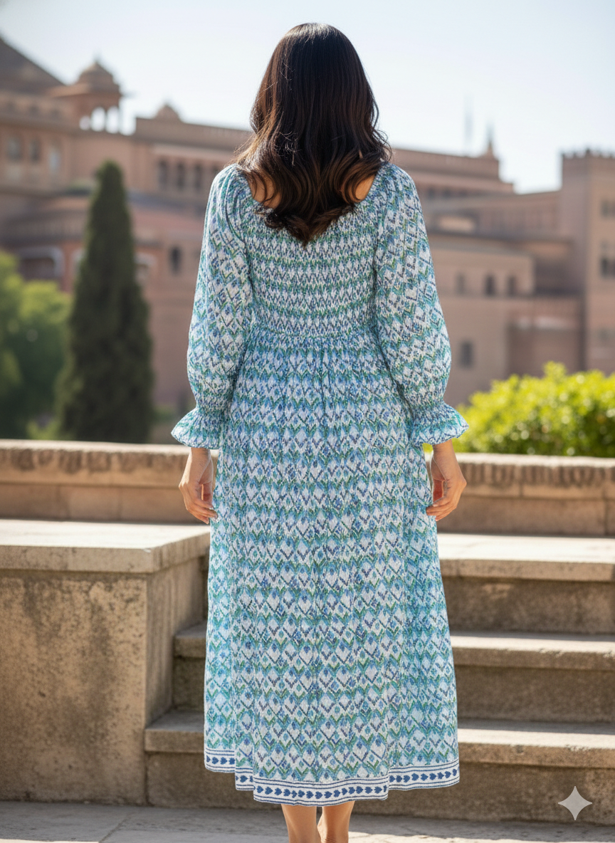 Blue Geometric Block Print Cotton Midi Dress – Square Neck Smocked Bohemian Dress