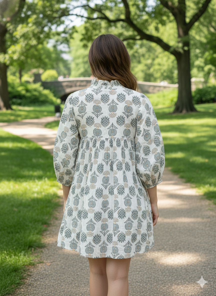 Ivory Grey Floral Hand Block Print Cotton Midi Dress – Puff Sleeve Boho Summer Dress