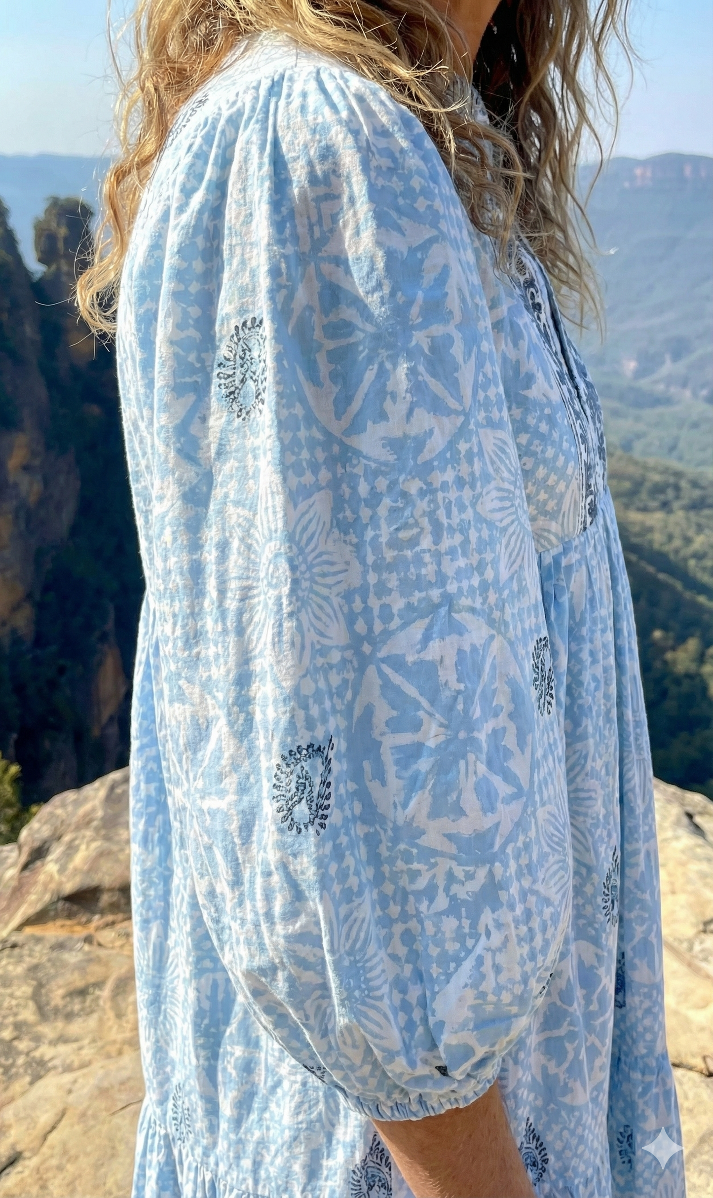 Light Blue Floral Hand Block Printed Cotton Maxi Dress – Indian Boho Tiered Long Dress