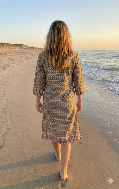 Ivory Geometric Cotton Kurta with Border – Hand Block Printed Tunic