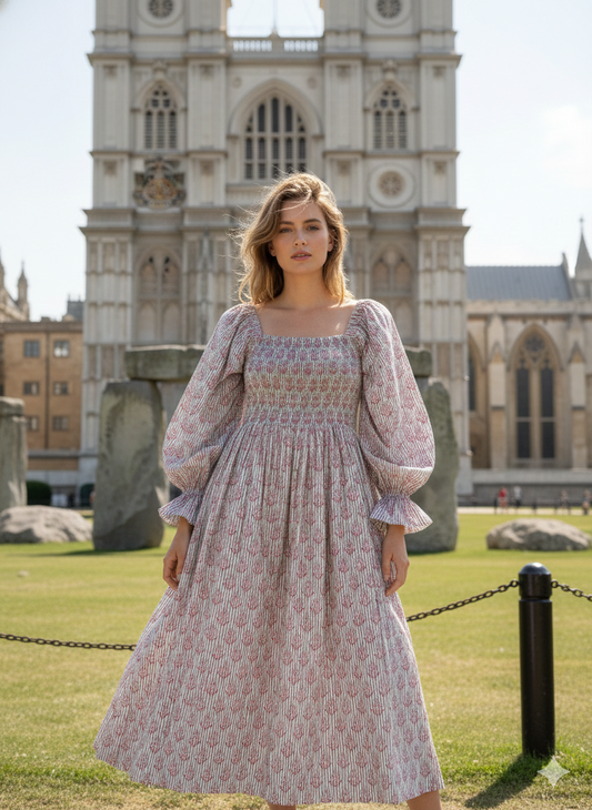 Cream Floral Block Print Cotton Midi Dress – Square Neck Smocked Bohemian Dress