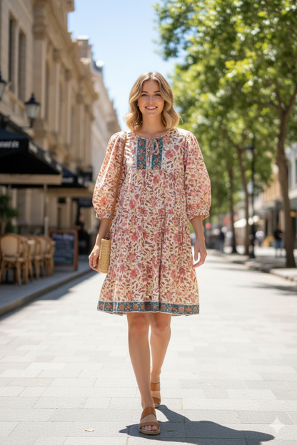 Cream Peach Floral Hand Block Printed Cotton Midi Dress – Puff Sleeve Boho Indian Dress