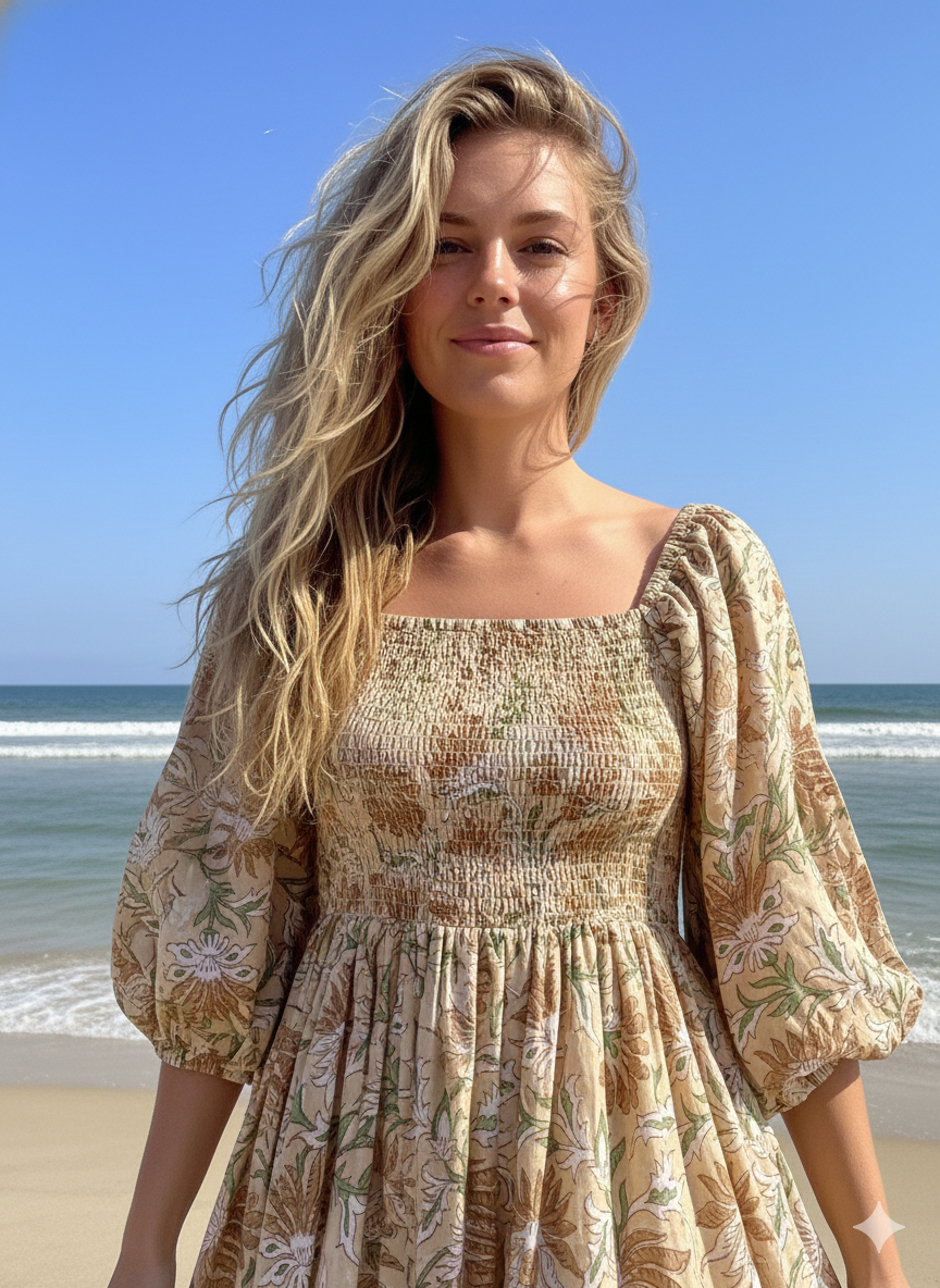 Beige Floral Hand Block Printed Cotton Midi Dress – Smocked Bodice Puff Sleeve Boho Dress