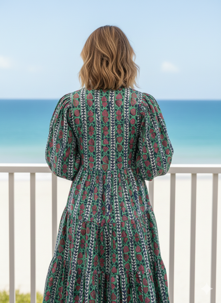 Teal Red Floral Block Print Cotton Dress – Handcrafted Boho Midi Dress with Puff Sleeves – Free Shipping