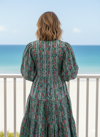 Teal Red Floral Block Print Cotton Dress – Handcrafted Boho Midi Dress with Puff Sleeves – Free Shipping