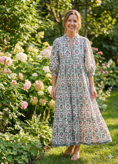 Ivory Pink Floral Hand Block Printed Cotton Midi Dress – Boho Ruffle Neck Tiered Dress – Puff Sleeve Indian Summer Dress for Women