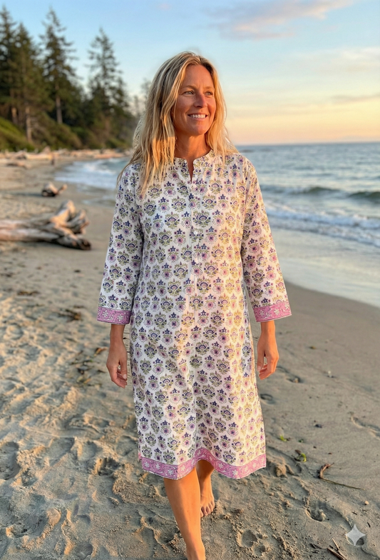 Pink Floral Hand Block Printed Cotton Kurta – Women’s Indian Tunic