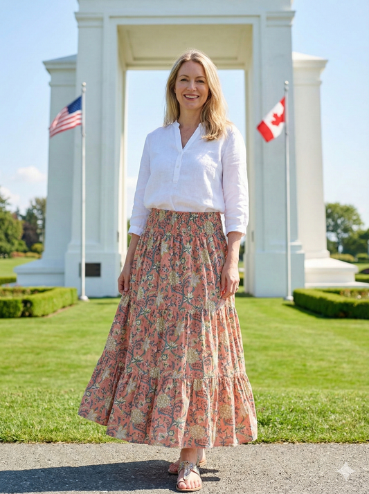 Peach Floral Hand Block Printed Cotton Skirt – Smocked Waist Tiered Boho Maxi Skirt