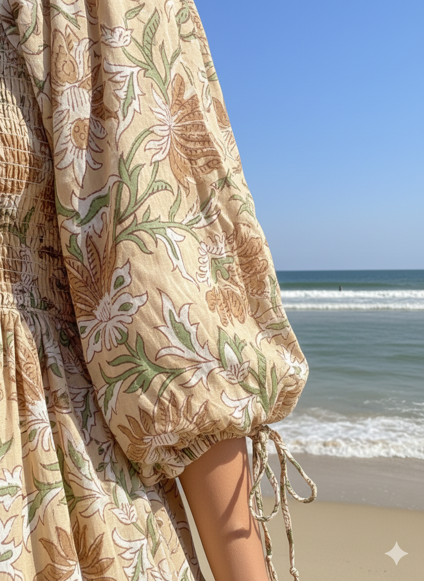 Beige Floral Hand Block Printed Cotton Midi Dress – Smocked Bodice Puff Sleeve Boho Dress