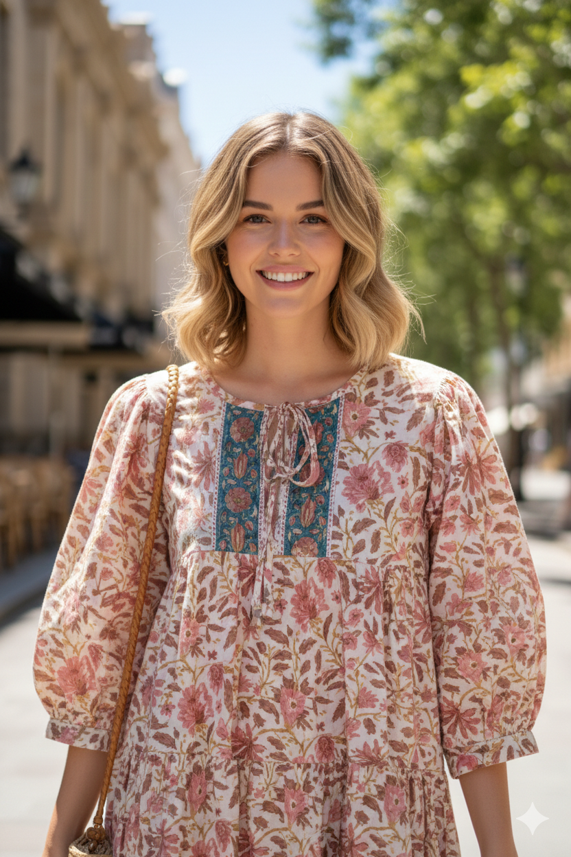 Cream Peach Floral Hand Block Printed Cotton Midi Dress – Puff Sleeve Boho Indian Dress