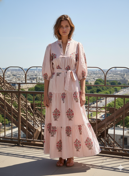 Ivory Red Floral Stripe Block Print Cotton Midi Dress – Boho Handmade Tiered Dress with Puff Sleeves
