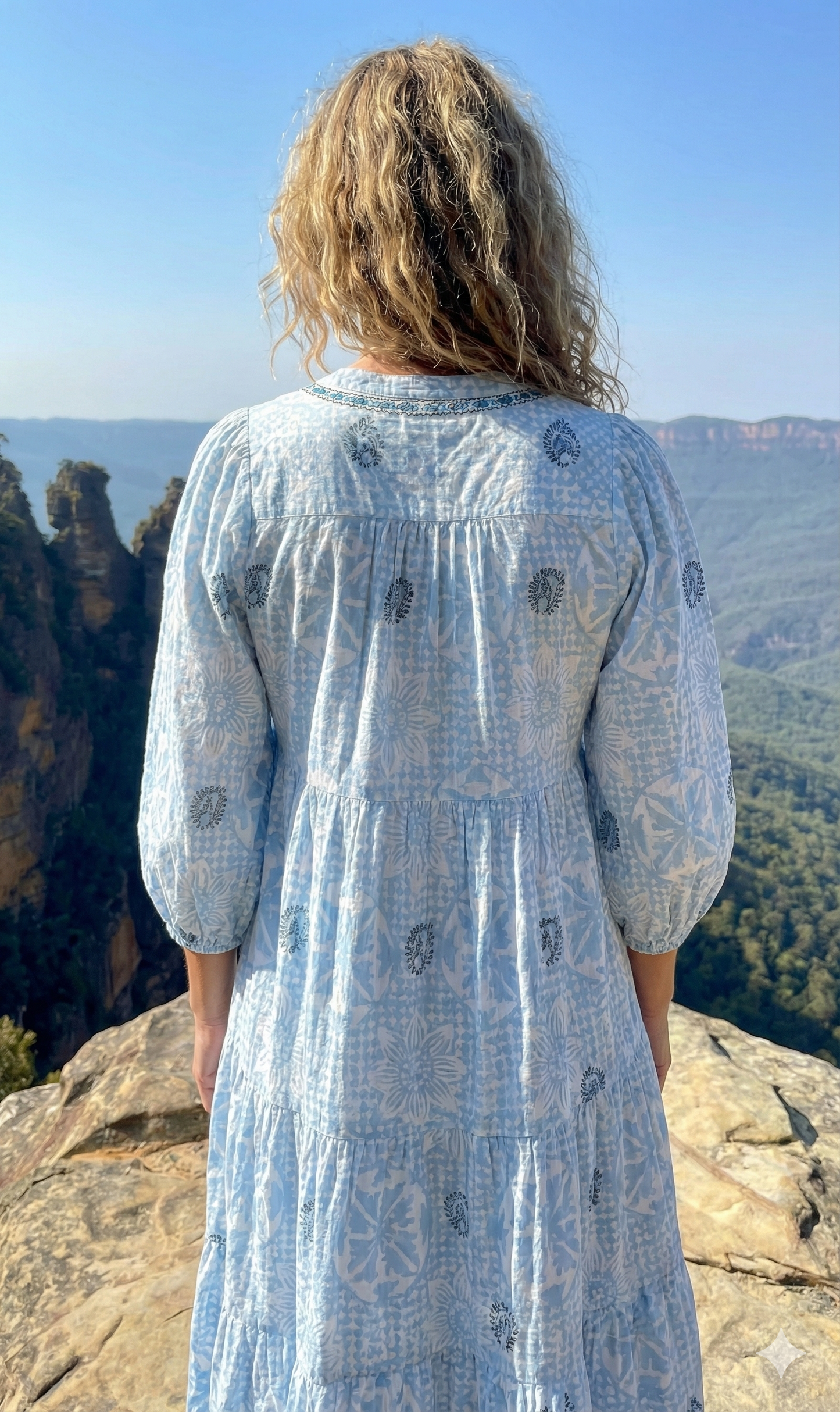 Light Blue Floral Hand Block Printed Cotton Maxi Dress – Indian Boho Tiered Long Dress