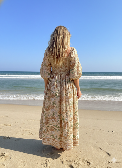 Beige Floral Hand Block Printed Cotton Midi Dress – Smocked Bodice Puff Sleeve Boho Dress