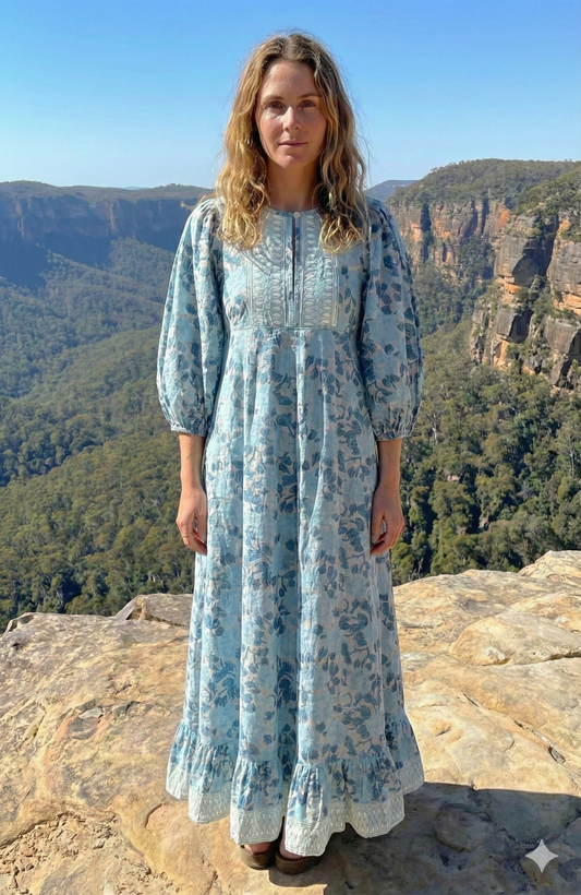 Sky Blue Floral Hand Block Printed Cotton Maxi Dress – Indian Boho Tiered Long Dress