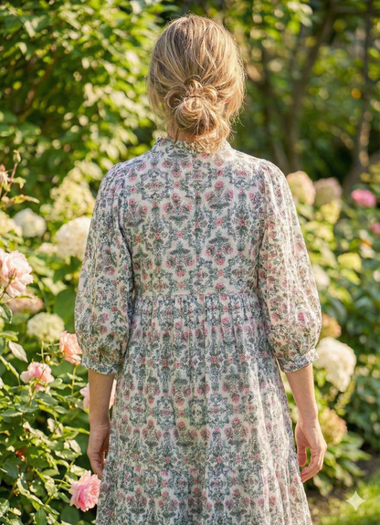 Ivory Pink Floral Hand Block Printed Cotton Midi Dress – Boho Ruffle Neck Tiered Dress – Puff Sleeve Indian Summer Dress for Women