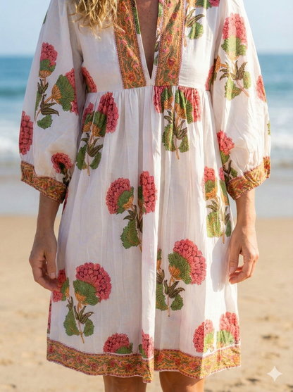 Floral Hand Block Printed Cotton Mini Dress – Puff Sleeve Boho Summer Dress