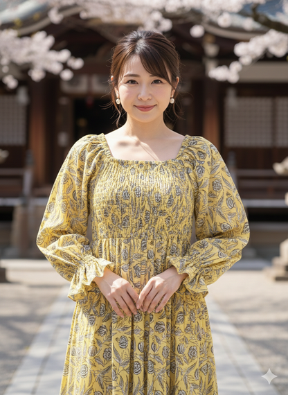 Yellow Floral Hand Block Printed Cotton Midi Dress – Smocked Bodice Puff Sleeve Boho Dress