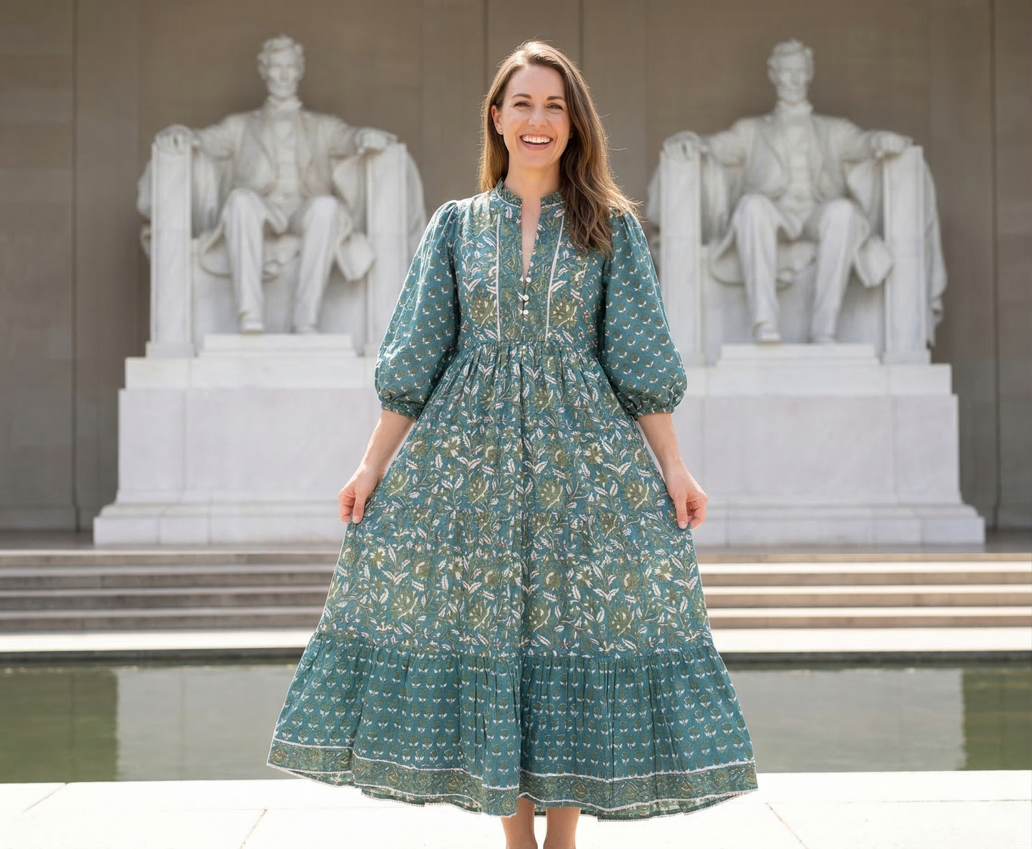 Teal Green Floral Hand Block Print Cotton Maxi Dress – Boho Tiered Indian Artisan Dress with Puff Sleeves