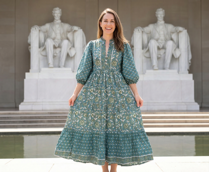 Teal Green Floral Hand Block Print Cotton Maxi Dress – Boho Tiered Indian Artisan Dress with Puff Sleeves