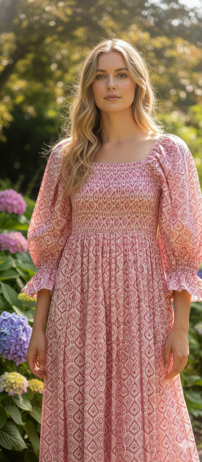 Pink Ikat Block Print Cotton Midi Dress – Square Neck Smocked Bohemian Dress