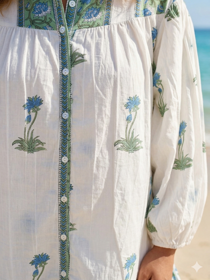 Blue Floral Block Print Mini Dress, Cotton Boho Shirt Dress, Handmade Indian Tiered Dress