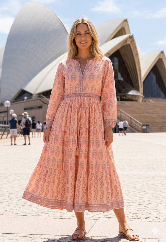 Peach Blush Block Print Cotton Maxi Dress – Boho Tiered V Neck Indian Style