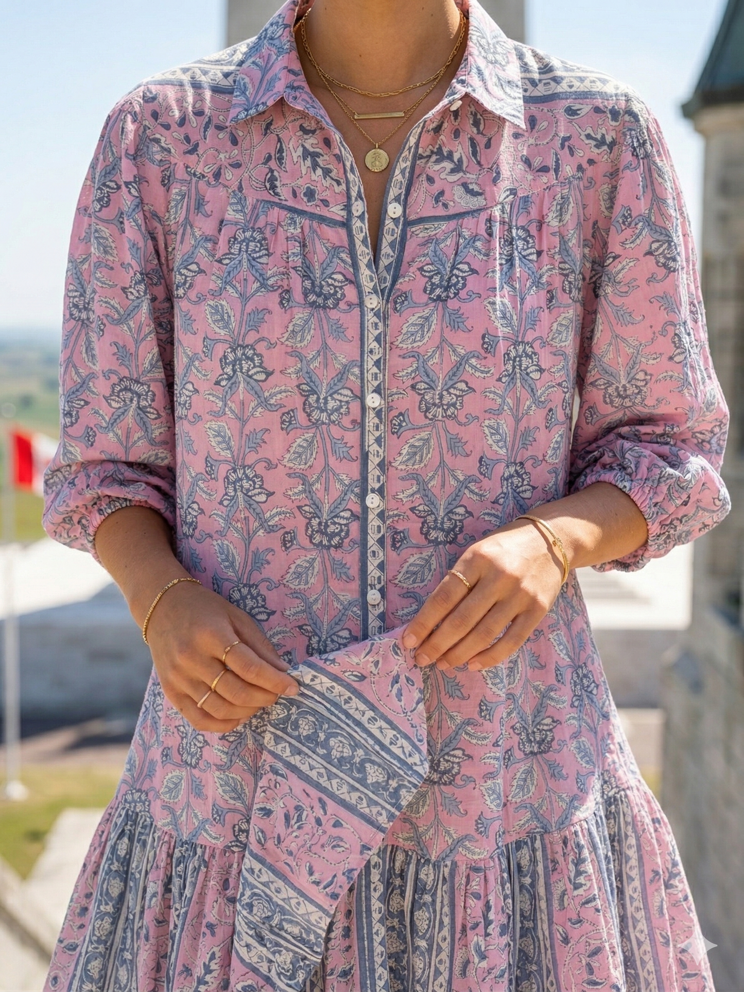Pink Blue Floral Hand Block Print Cotton Mini Dress – Boho Button Front Tiered Dress