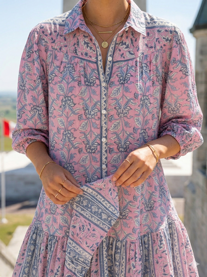 Pink Blue Floral Hand Block Print Cotton Mini Dress – Boho Button Front Tiered Dress