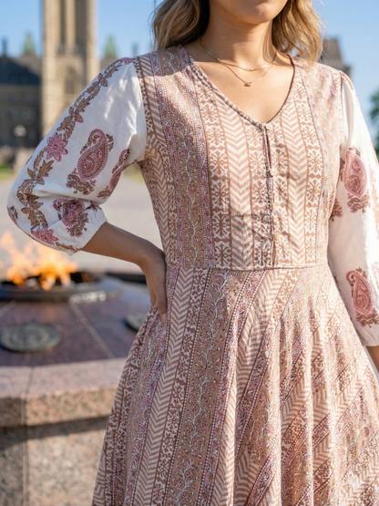 Blush Beige Floral Hand Block Print Cotton Maxi Dress – Boho Tiered Long Dress with Puff Sleeves