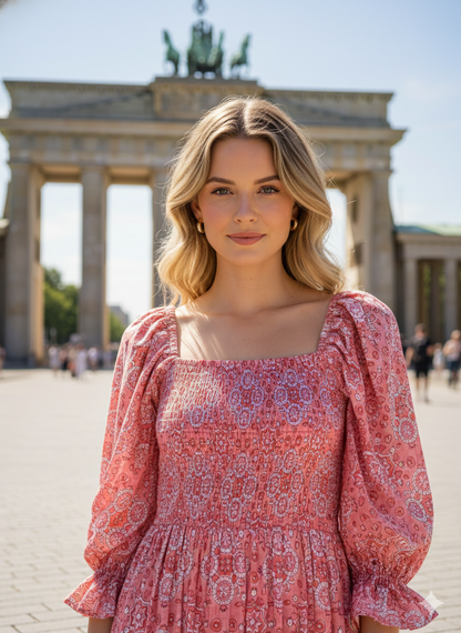 Dusty Rose Floral Hand Block Printed Cotton Midi Dress – Smocked Bodice Puff Sleeve Boho Dress