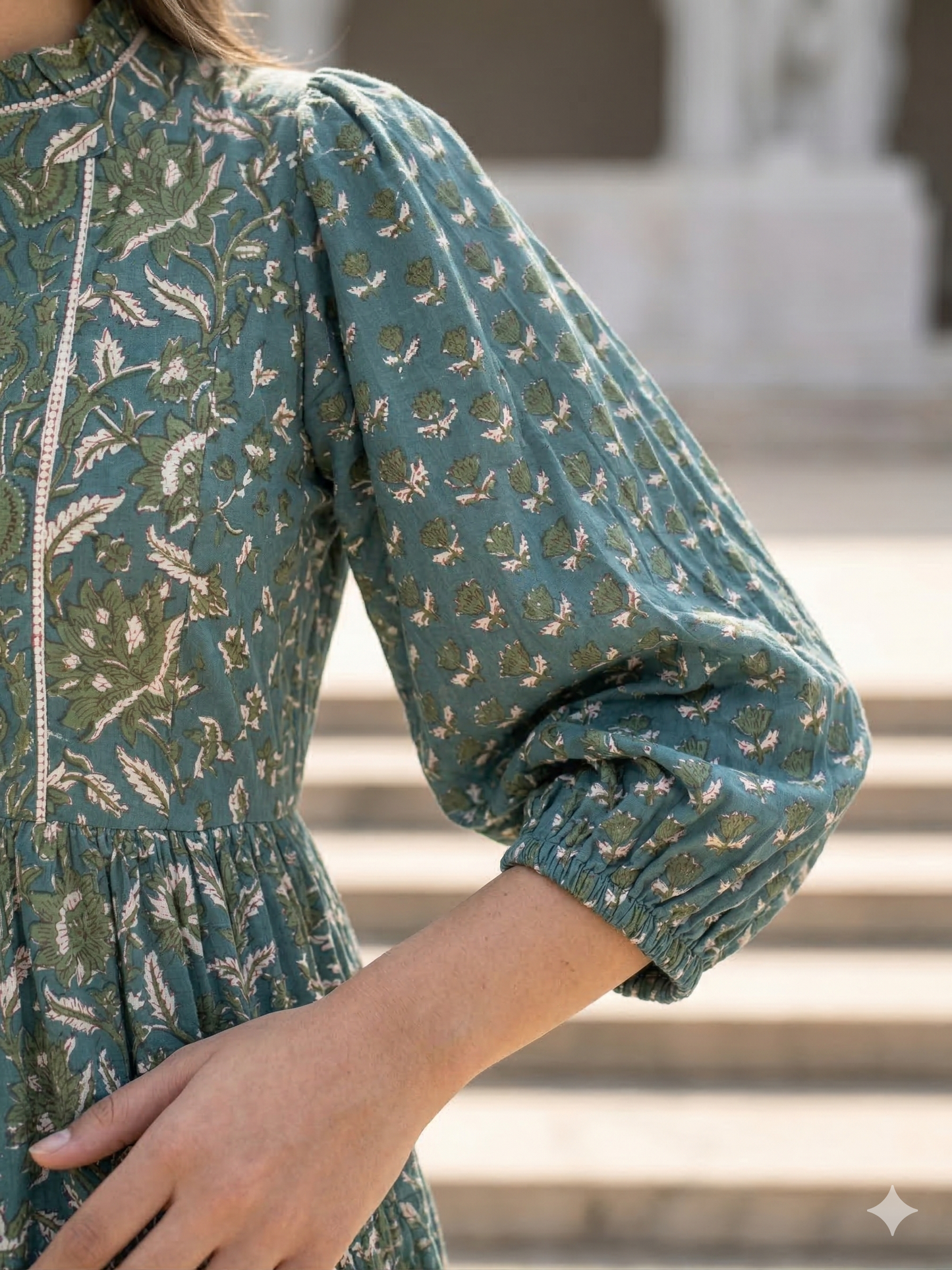 Teal Green Floral Hand Block Print Cotton Maxi Dress – Boho Tiered Indian Artisan Dress with Puff Sleeves