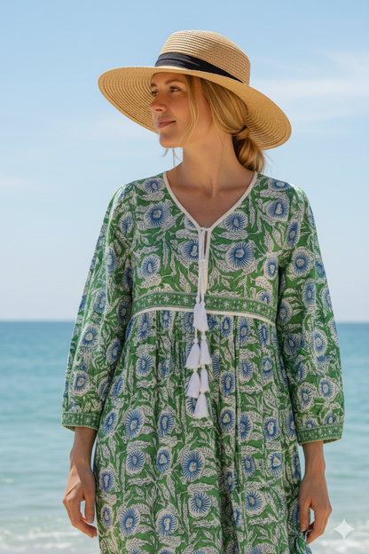Green Floral Hand Block Printed Cotton Mini Dress – Boho Tassel Dress